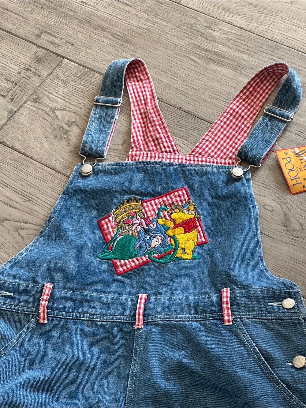 Vintage Disney Denim Overalls Shortalls w Winnie the Pooh Fruitstand Patchwork - Picture 3 of 6